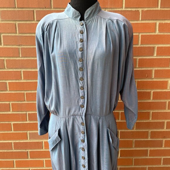 Vintage Shirtdress 80s John Ranta Blue Purple Iridescent Batwing Shirt Dress LG - Picture 4 of 16